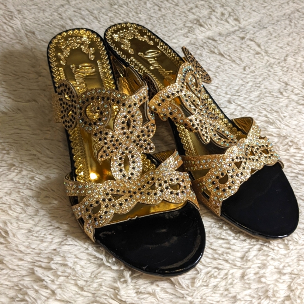 Elegant Gold and Black Women's Sandals Glitter Shimmer Rhinestone Sparkly - Picture 4 of 5